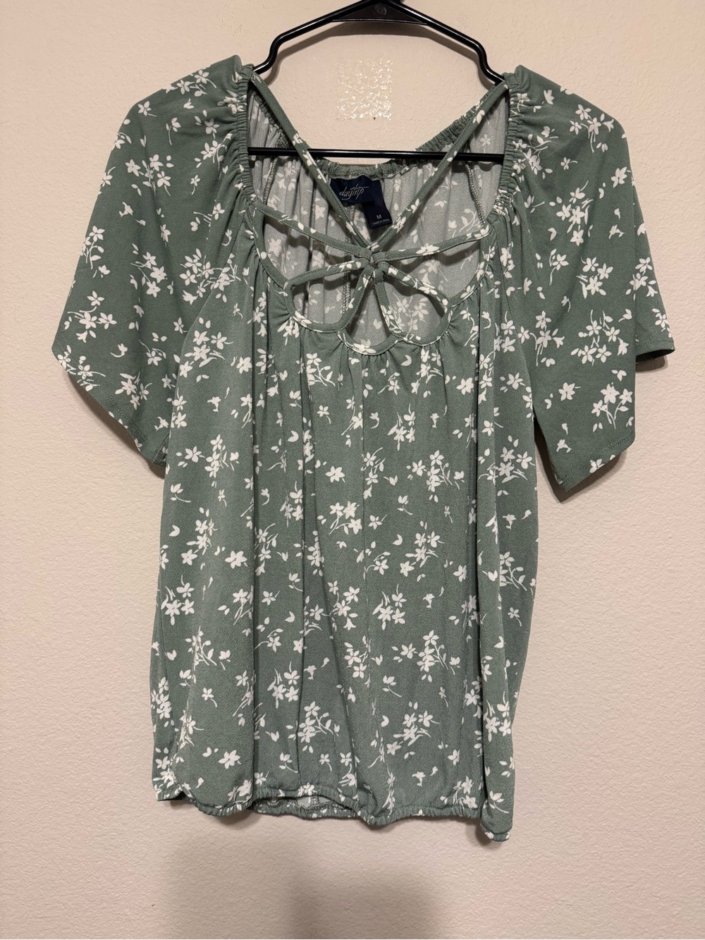 Lush Sage Green Floral Lace-Up Short Sleeve Blouse